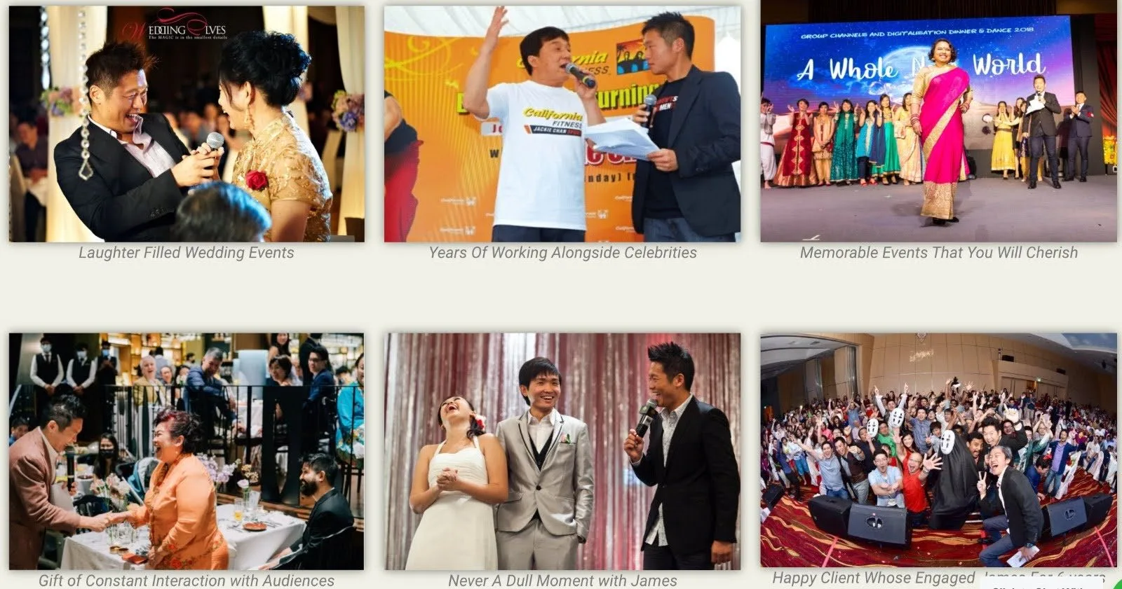 A collage of moments from weddings and corporate events James Yang has hosted